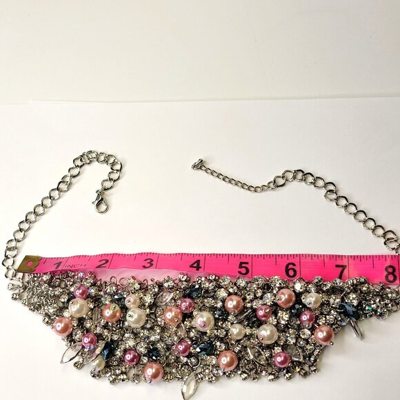 Crystal Rhinestones and Colourful Pearl Bib Collar Statement Choker Necklace - Picture 11 of 16